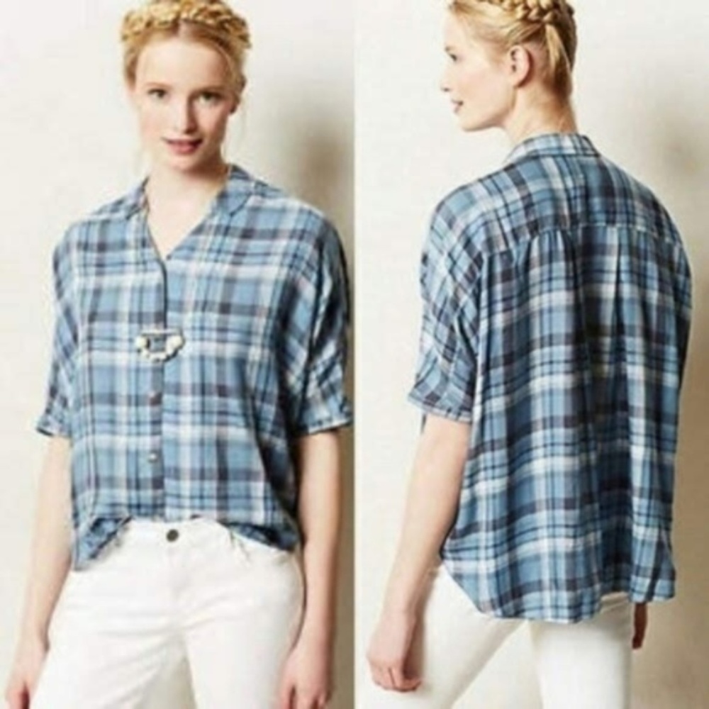Anthro Holding Horses Halsey Blue Plaid Flannel XS